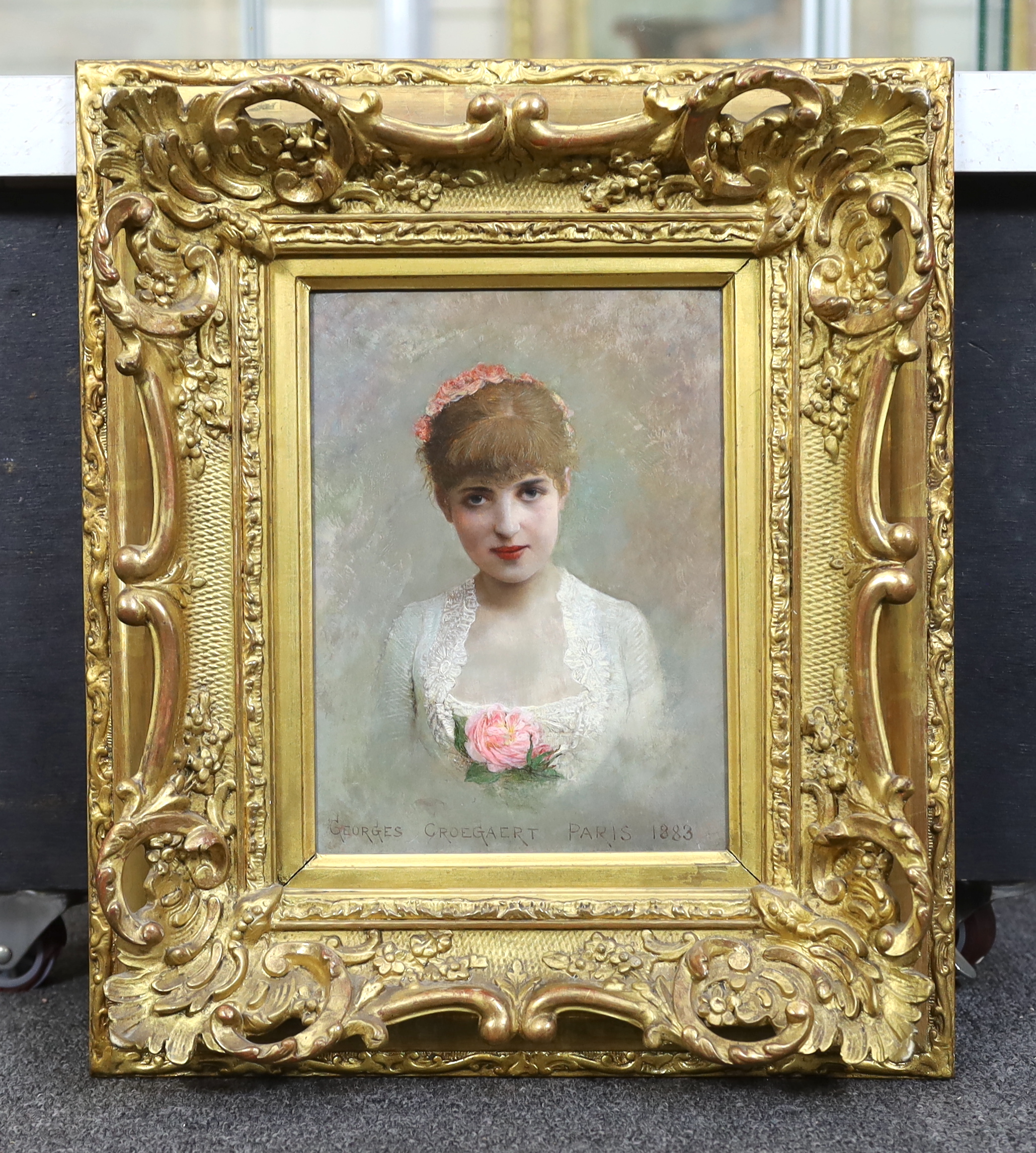 Georges Croegaert (Belgian, 1848-1923), A Beauty, Paris 1883, oil on panel, 23 x 17cm